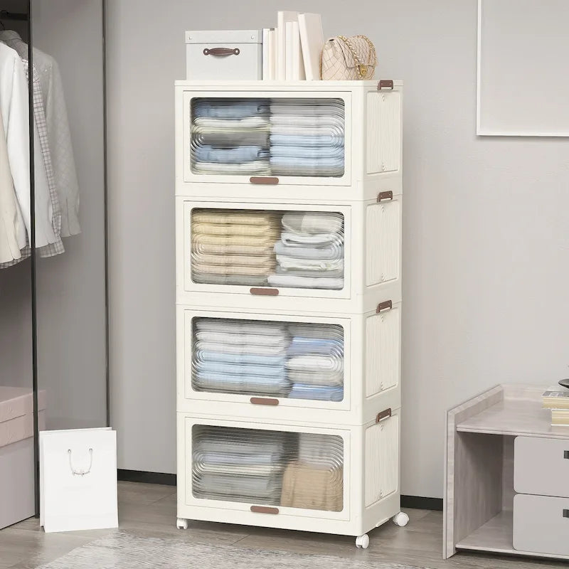 4-Tier Plastic Storage Bins with Lids, Wheels & Collapsible Design