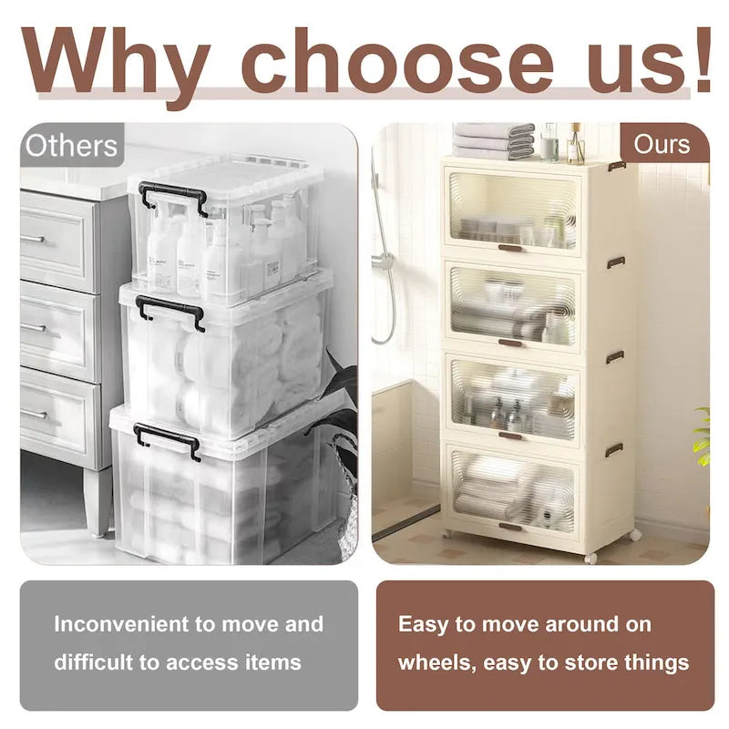 4-Tier Plastic Storage Bins with Lids, Wheels & Collapsible Design