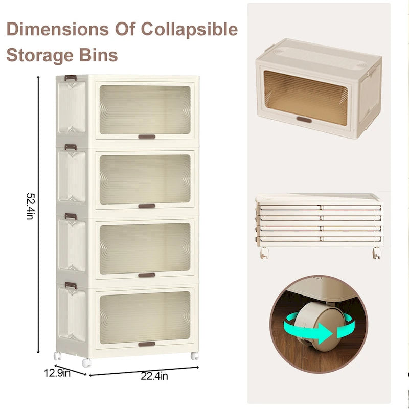 4-Tier Plastic Storage Bins with Lids, Wheels & Collapsible Design