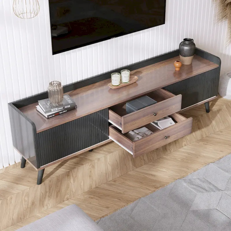 63" Mid-Century TV Stand with 2 Cabinets & Open Compartments for TVs up to 70"