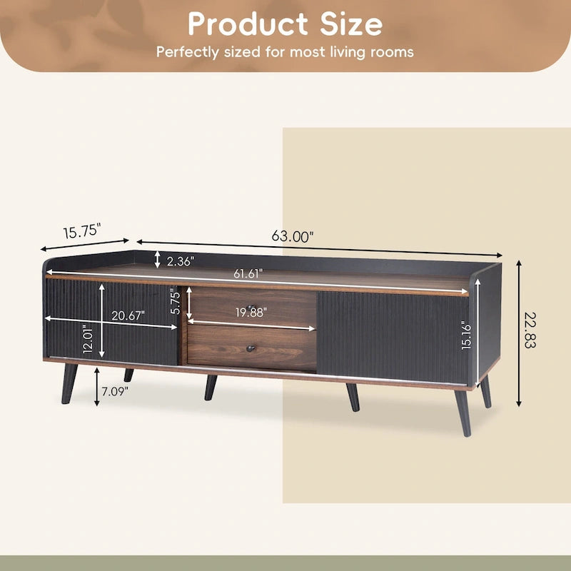 63" Mid-Century TV Stand with 2 Cabinets & Open Compartments for TVs up to 70"