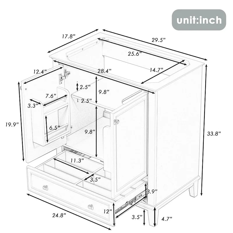 30" Bathroom Floor Storage Cabinet with Doors, Drawers & Adjustable Shelf