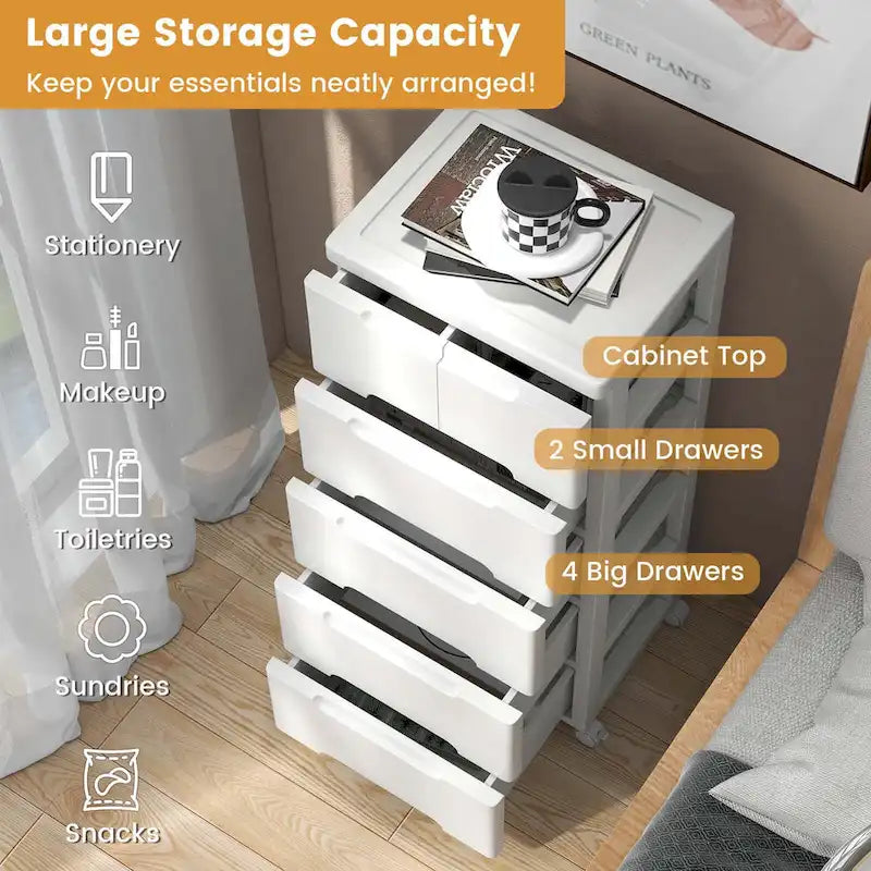6-Drawer Plastic Rolling Storage Cart with 4 Universal Wheels