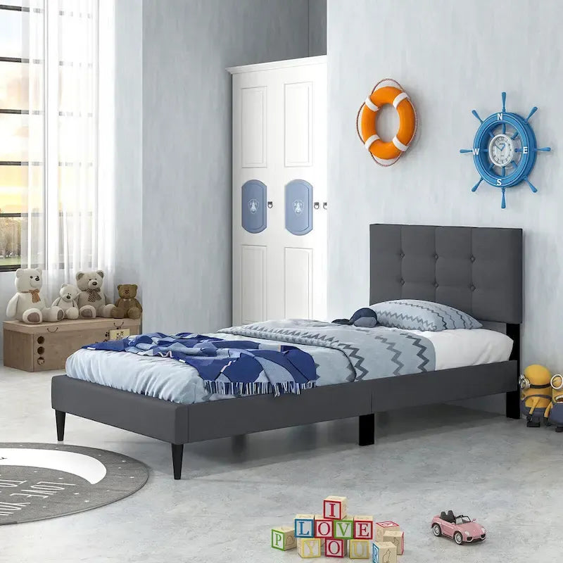 Twin Upholstered Platform Bed Button Tufted