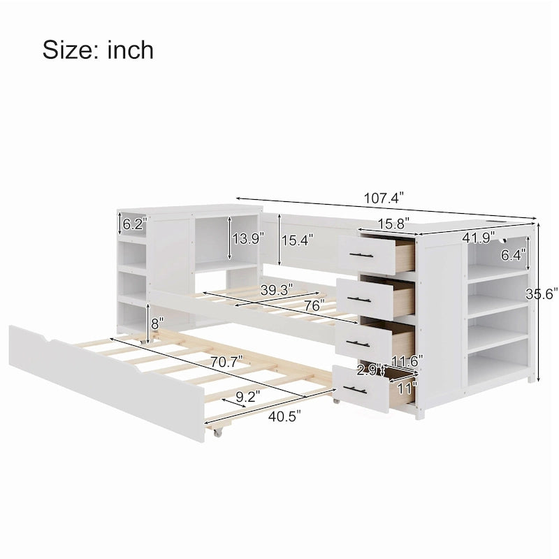 Twin Daybed with Side Storage Cabinet, Charging Station & Wood Slat Platform Bed Frame