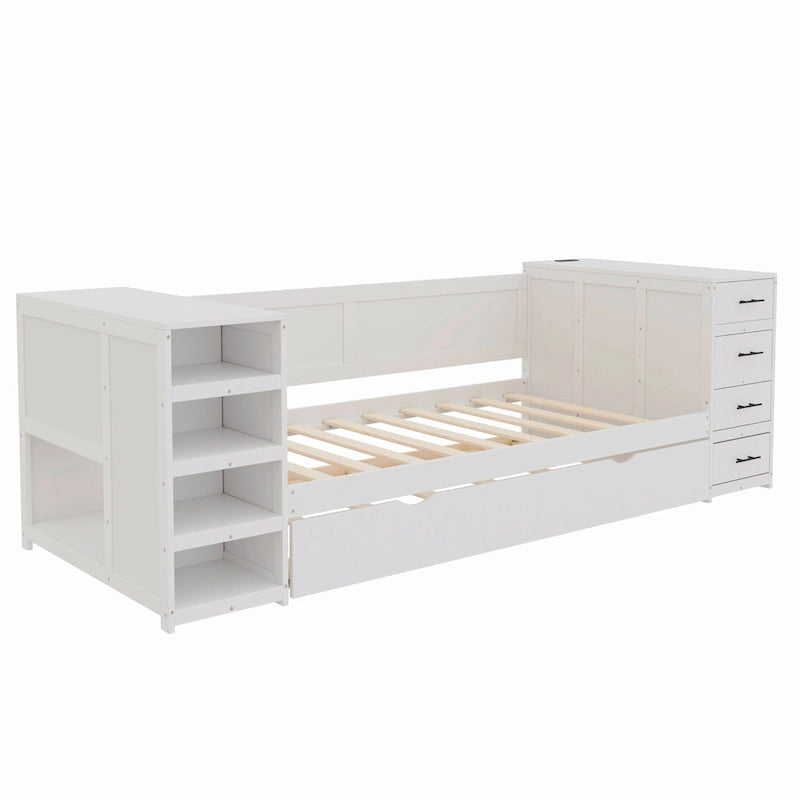 Twin Daybed with Side Storage Cabinet, Charging Station & Wood Slat Platform Bed Frame