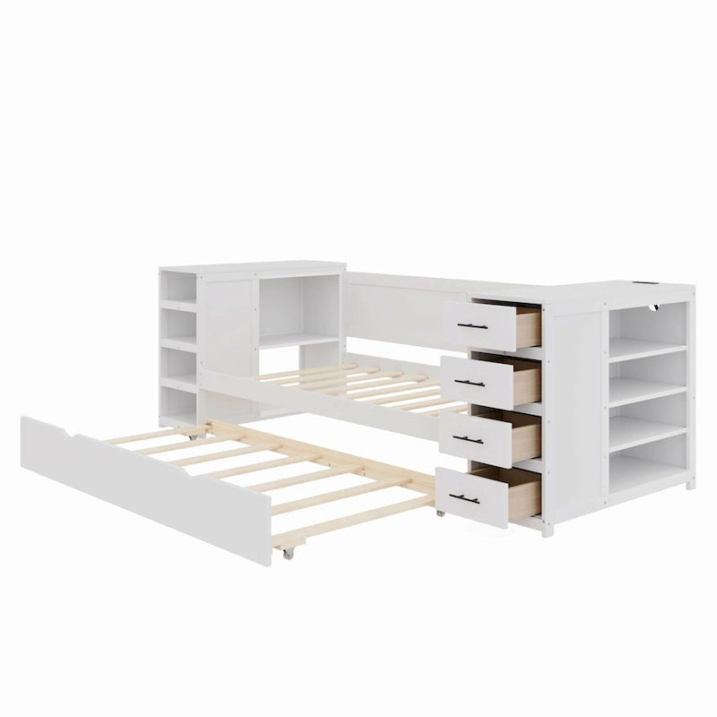 Twin Daybed with Side Storage Cabinet, Charging Station & Wood Slat Platform Bed Frame