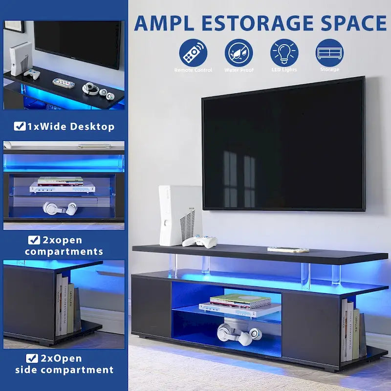 Black 51" TV Stand with LED & Open Storage for 70" TVs