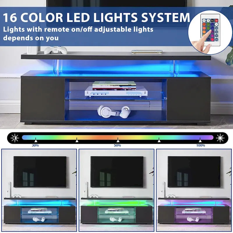 Black 51" TV Stand with LED & Open Storage for 70" TVs