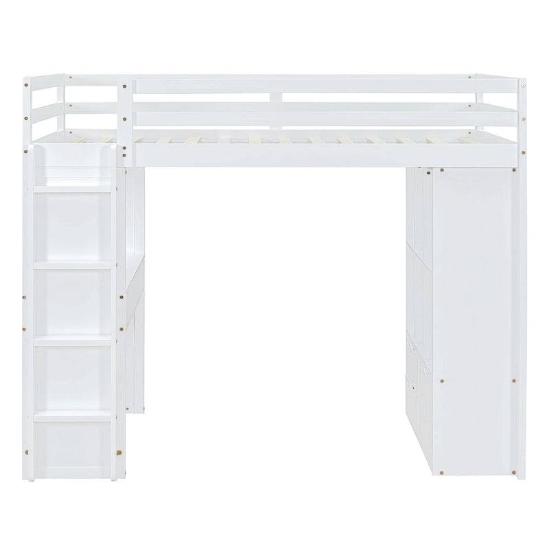 White Full Size Solid Wood Loft Bed with Large Shelves, Writing Desk and LED Light for Bedroom