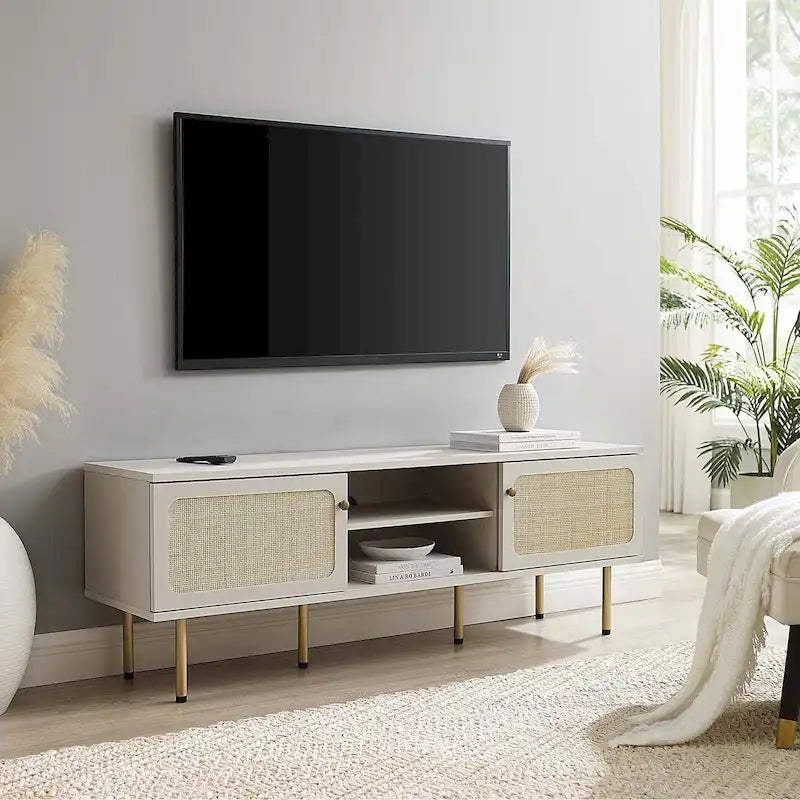 60" TV Stand with Rattan Sliding Doors & Metal Legs