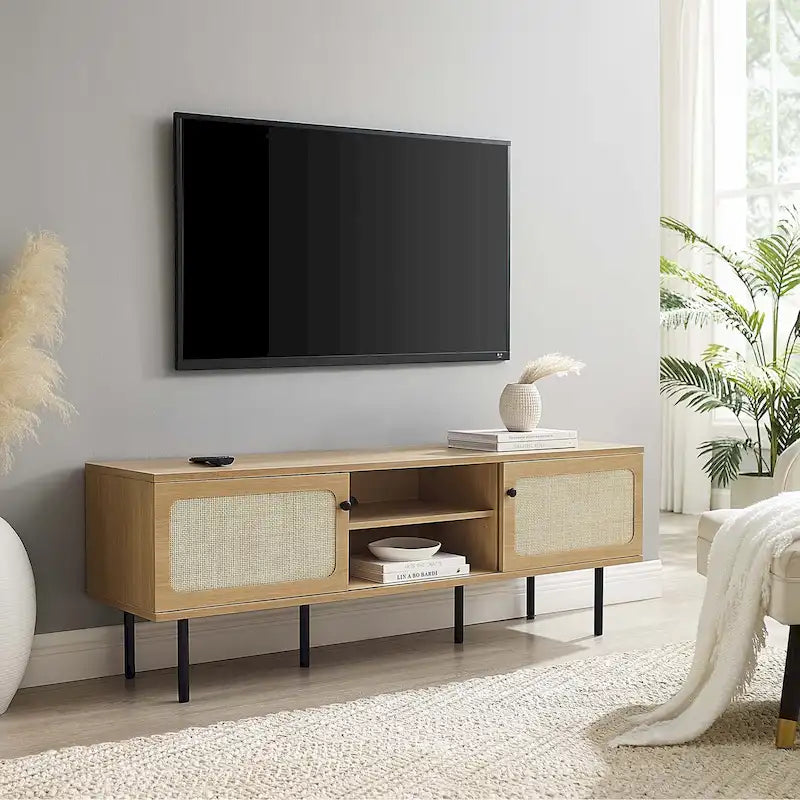 60" TV Stand with Rattan Sliding Doors & Metal Legs