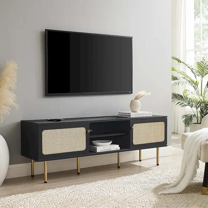60" TV Stand with Rattan Sliding Doors & Metal Legs