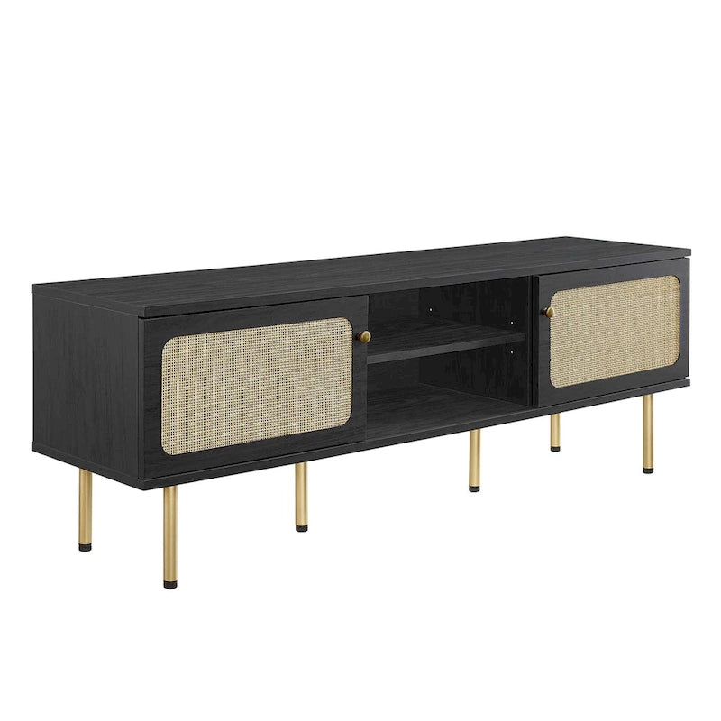 60" TV Stand with Rattan Sliding Doors & Metal Legs