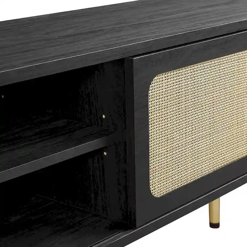 60" TV Stand with Rattan Sliding Doors & Metal Legs