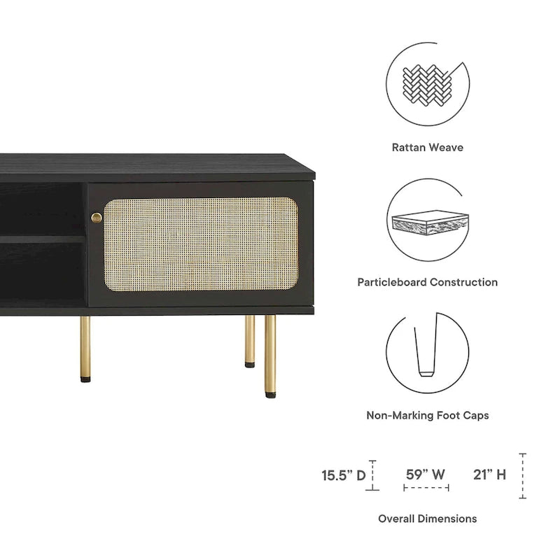 60" TV Stand with Rattan Sliding Doors & Metal Legs
