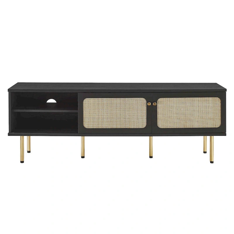 60" TV Stand with Rattan Sliding Doors & Metal Legs