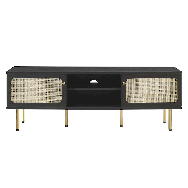 60" TV Stand with Rattan Sliding Doors & Metal Legs