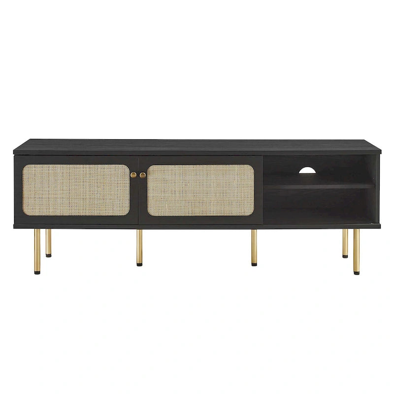 60" TV Stand with Rattan Sliding Doors & Metal Legs