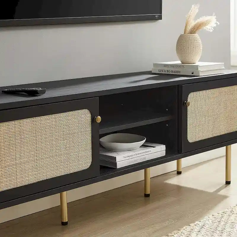 60" TV Stand with Rattan Sliding Doors & Metal Legs