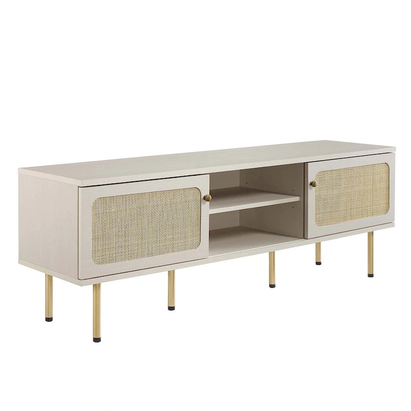 60" TV Stand with Rattan Sliding Doors & Metal Legs