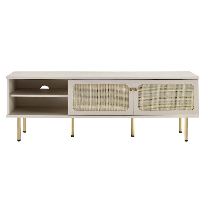 60" TV Stand with Rattan Sliding Doors & Metal Legs