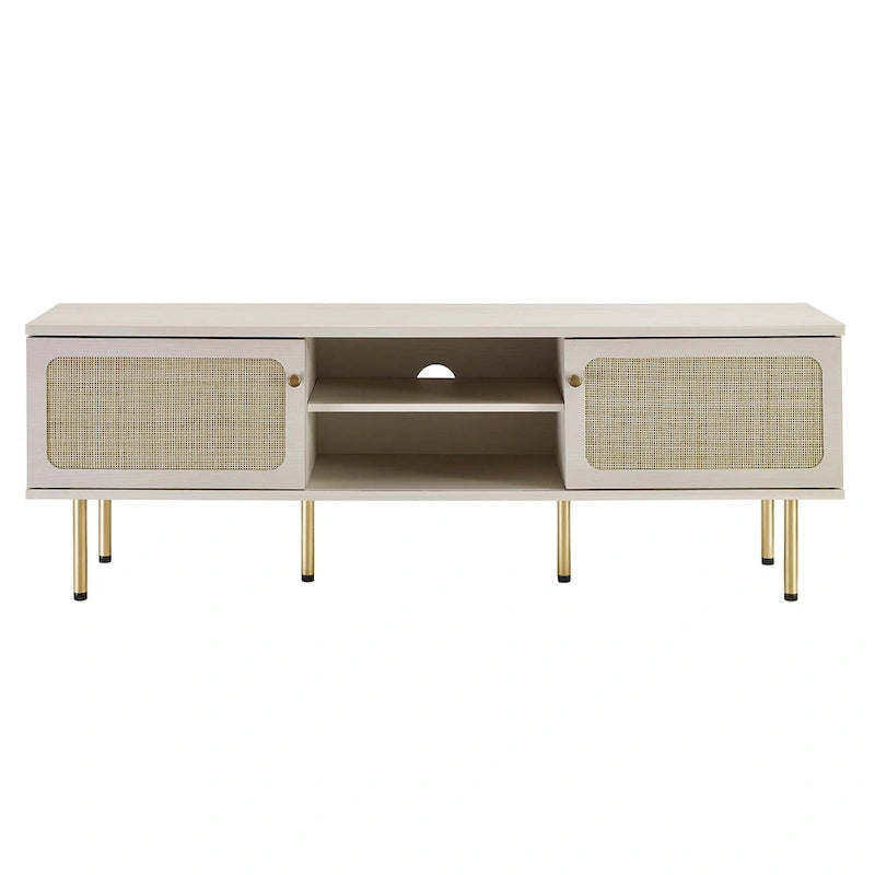 60" TV Stand with Rattan Sliding Doors & Metal Legs