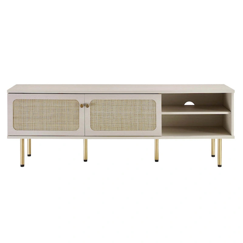 60" TV Stand with Rattan Sliding Doors & Metal Legs