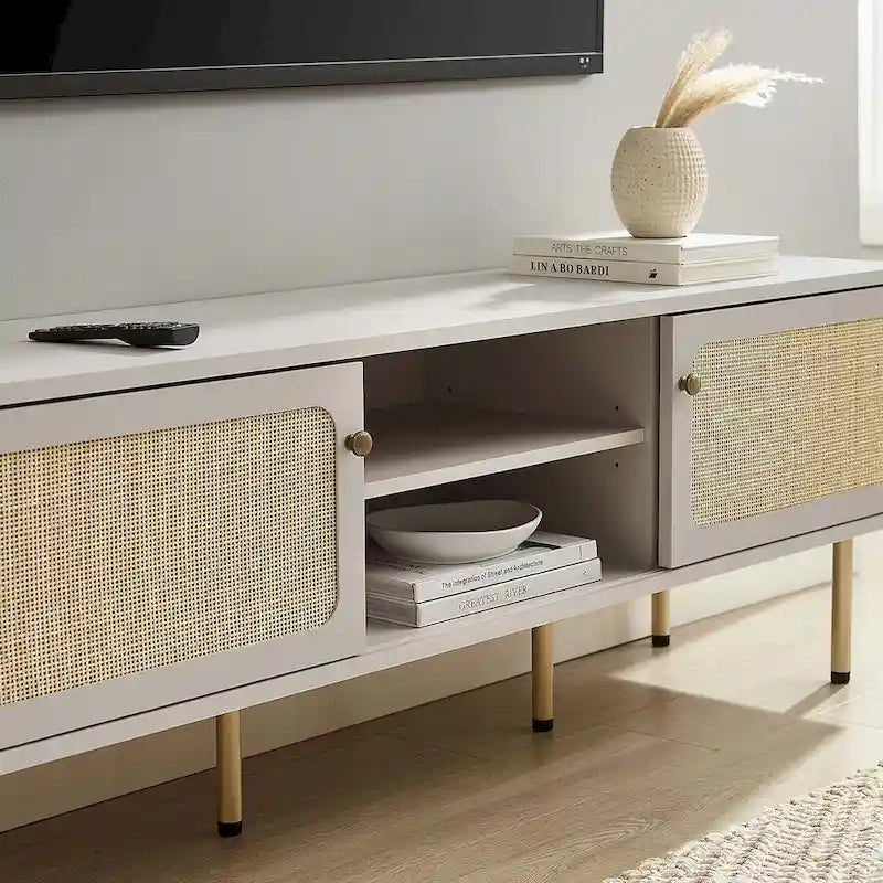 60" TV Stand with Rattan Sliding Doors & Metal Legs