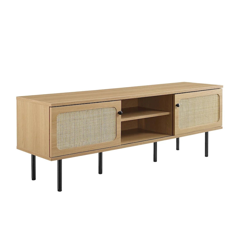 60" TV Stand with Rattan Sliding Doors & Metal Legs