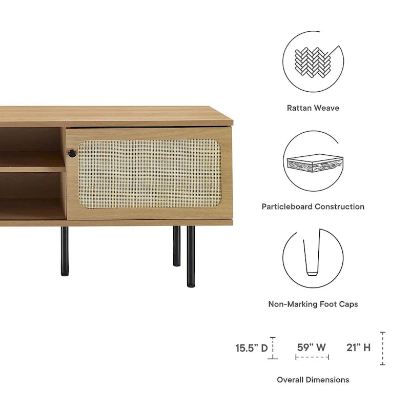 60" TV Stand with Rattan Sliding Doors & Metal Legs