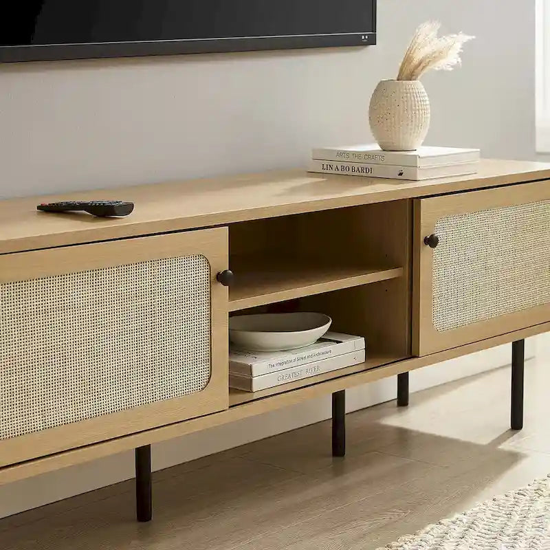 60" TV Stand with Rattan Sliding Doors & Metal Legs