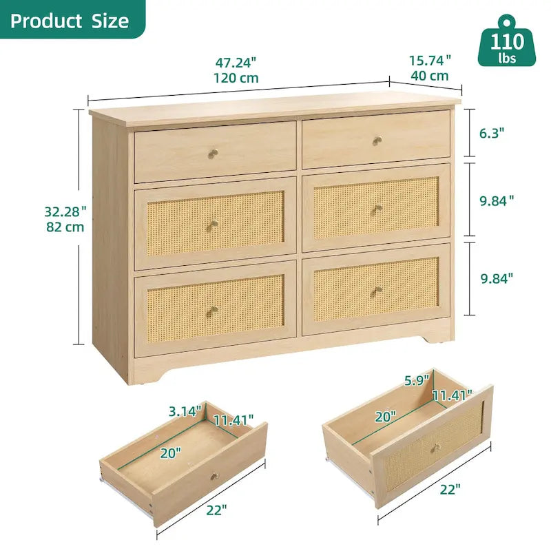 6-Drawer Rattan Storage Chest of Drawers Cabinet Dresser