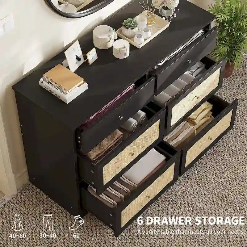 6-Drawer Rattan Storage Chest of Drawers Cabinet Dresser