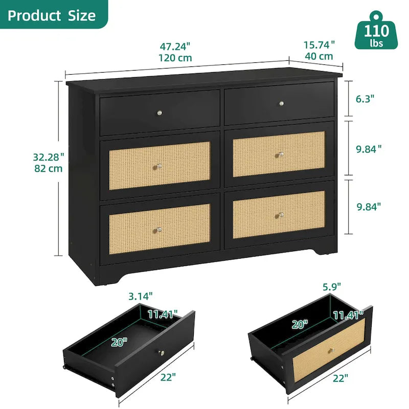 6-Drawer Rattan Storage Chest of Drawers Cabinet Dresser