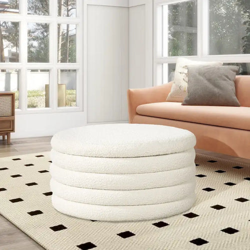 36" Boucle Sherpa Round Upholstered Storage Cocktail Ottoman
