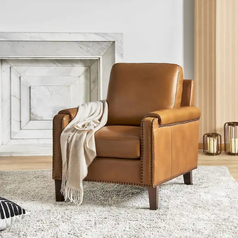 Transitional Genuine Leather Armchair with Removable Cushion and Nailhead Trims
