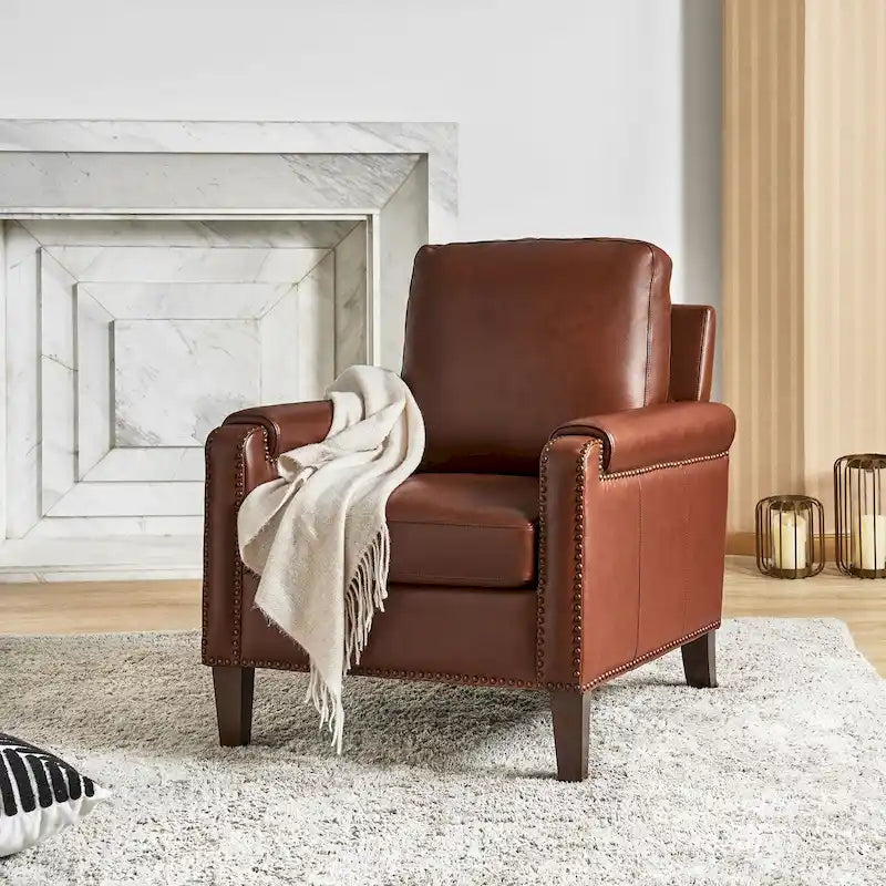 Transitional Genuine Leather Armchair with Removable Cushion and Nailhead Trims