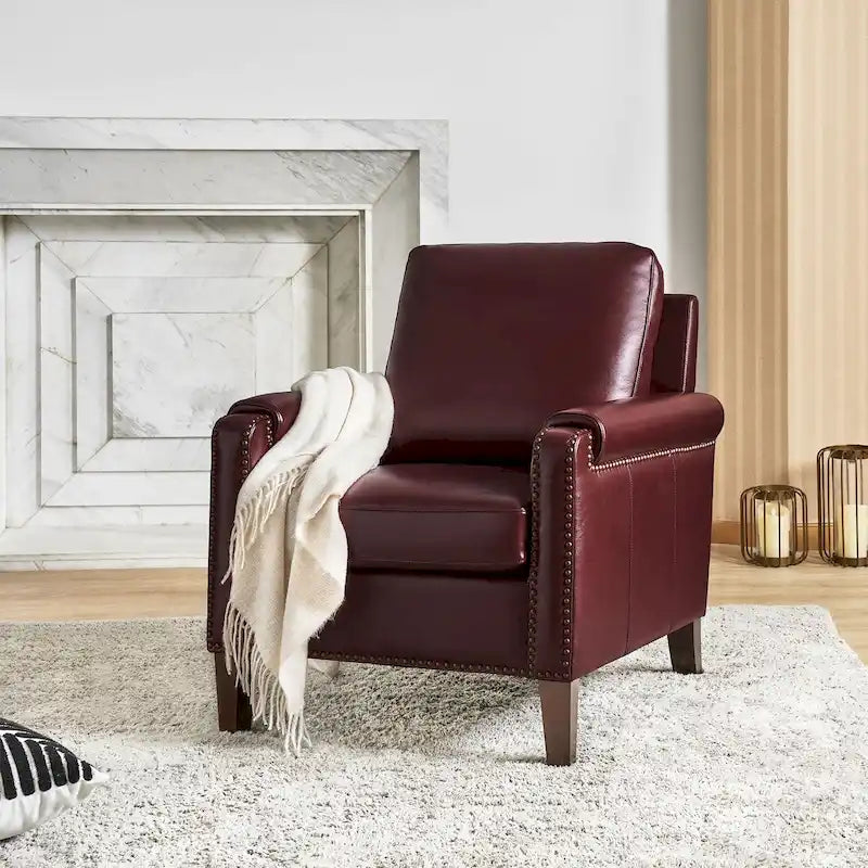 Transitional Genuine Leather Armchair with Removable Cushion and Nailhead Trims