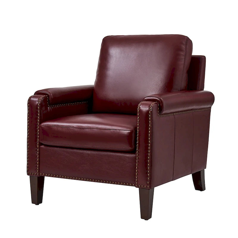 Transitional Genuine Leather Armchair with Removable Cushion and Nailhead Trims