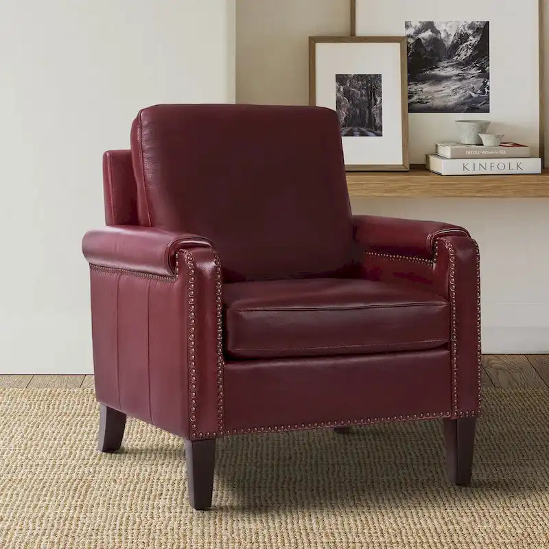 Transitional Genuine Leather Armchair with Removable Cushion and Nailhead Trims