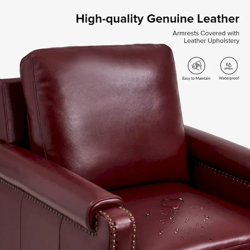 Transitional Genuine Leather Armchair with Removable Cushion and Nailhead Trims