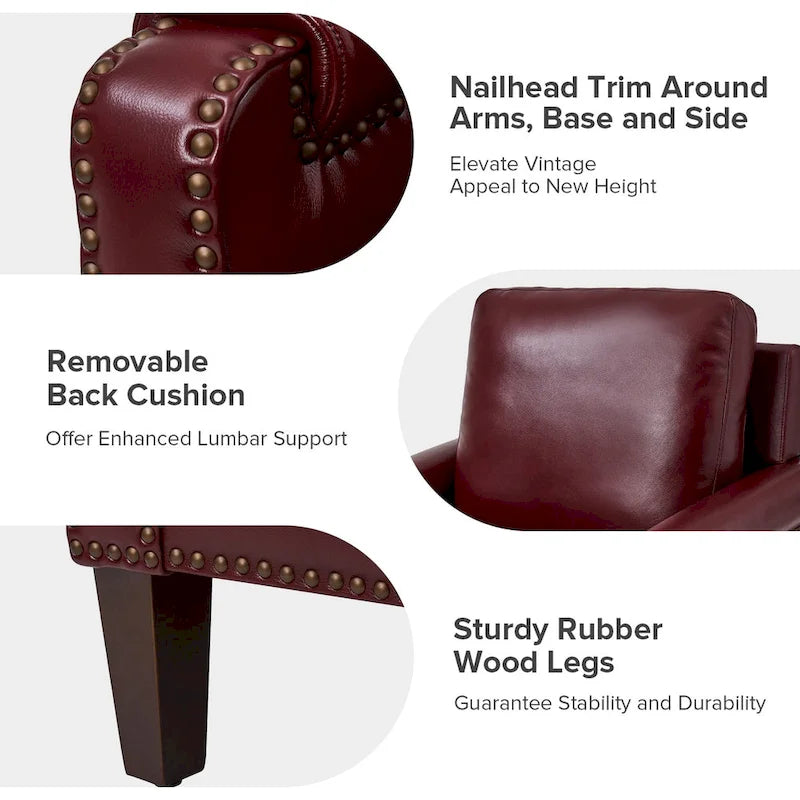 Transitional Genuine Leather Armchair with Removable Cushion and Nailhead Trims