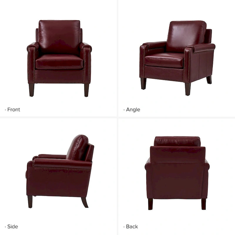 Transitional Genuine Leather Armchair with Removable Cushion and Nailhead Trims