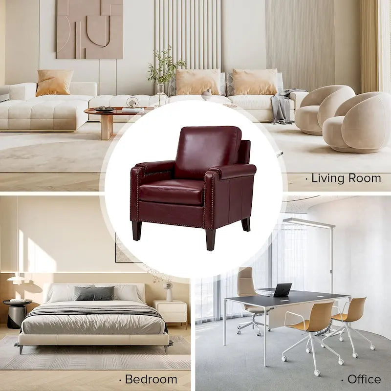 Transitional Genuine Leather Armchair with Removable Cushion and Nailhead Trims