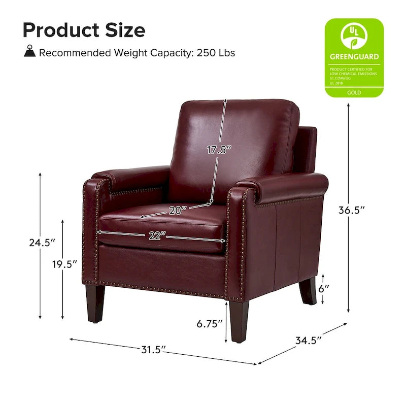 Transitional Genuine Leather Armchair with Removable Cushion and Nailhead Trims