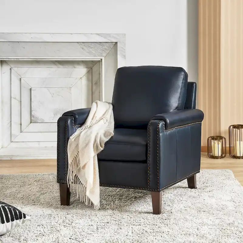 Transitional Genuine Leather Armchair with Removable Cushion and Nailhead Trims