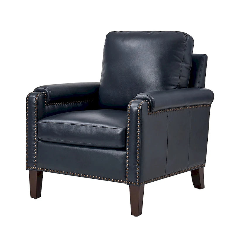 Transitional Genuine Leather Armchair with Removable Cushion and Nailhead Trims