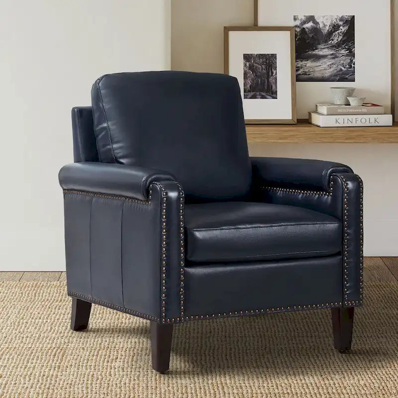 Transitional Genuine Leather Armchair with Removable Cushion and Nailhead Trims