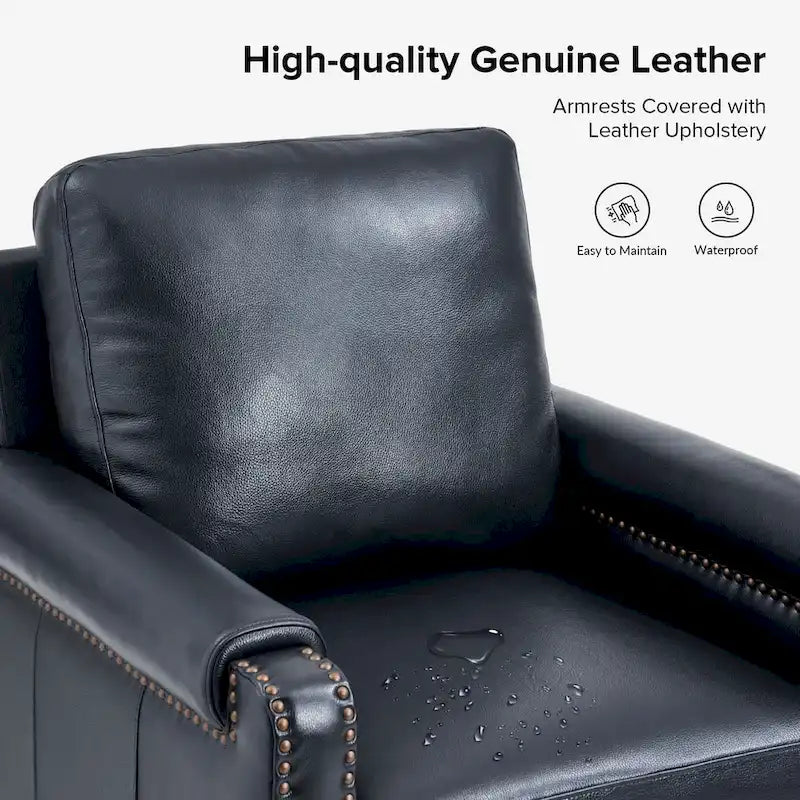 Transitional Genuine Leather Armchair with Removable Cushion and Nailhead Trims